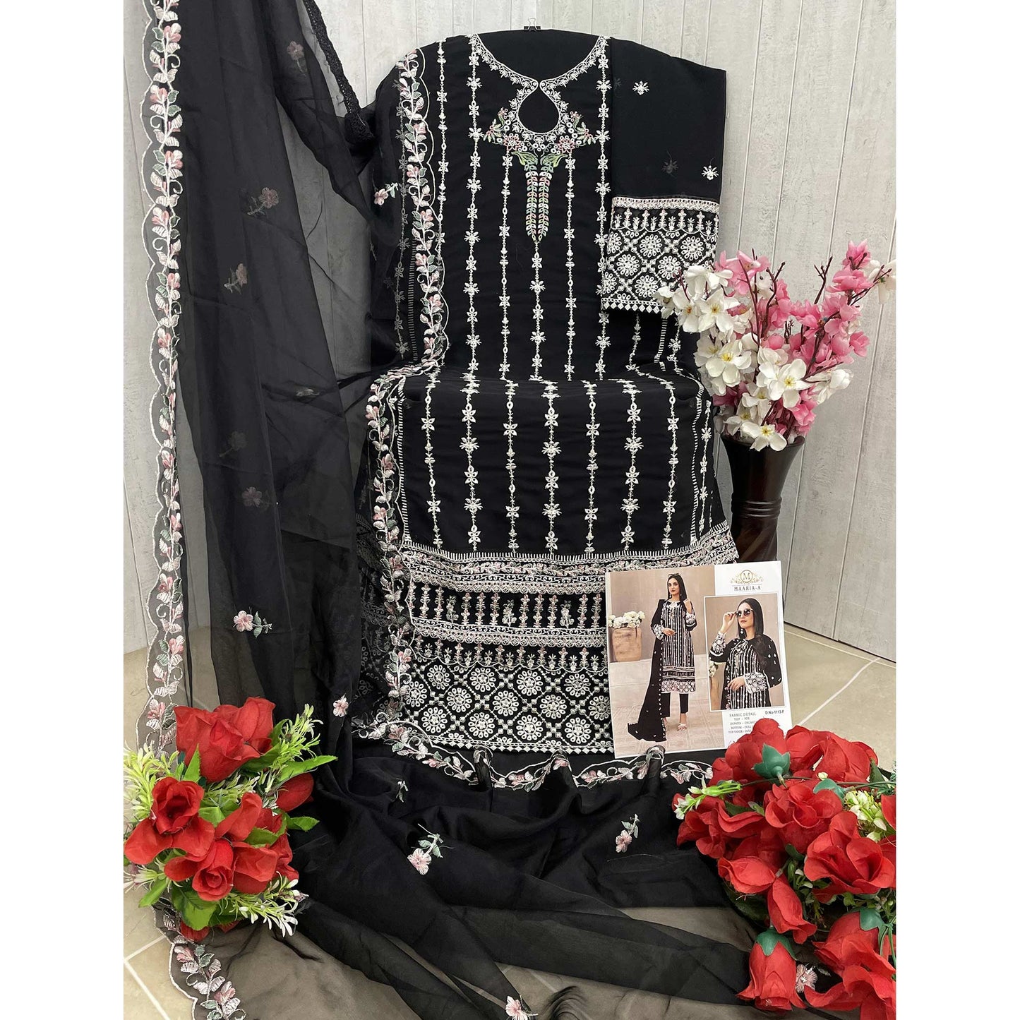 Black Floral Embroidered Georgette Semi Stitched Suit