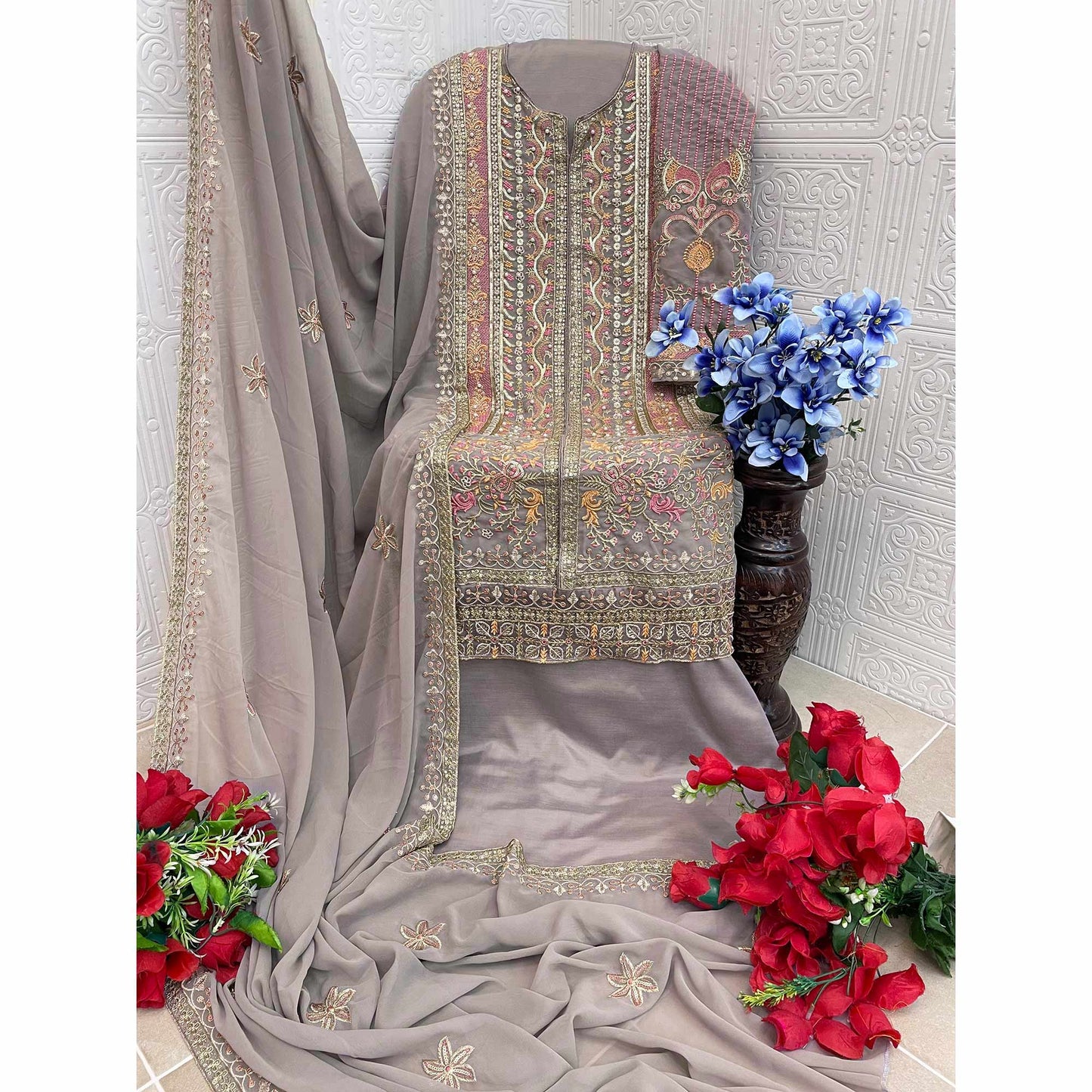 Grey Floral Sequins Embroidery Georgette Semi Stitched Suit