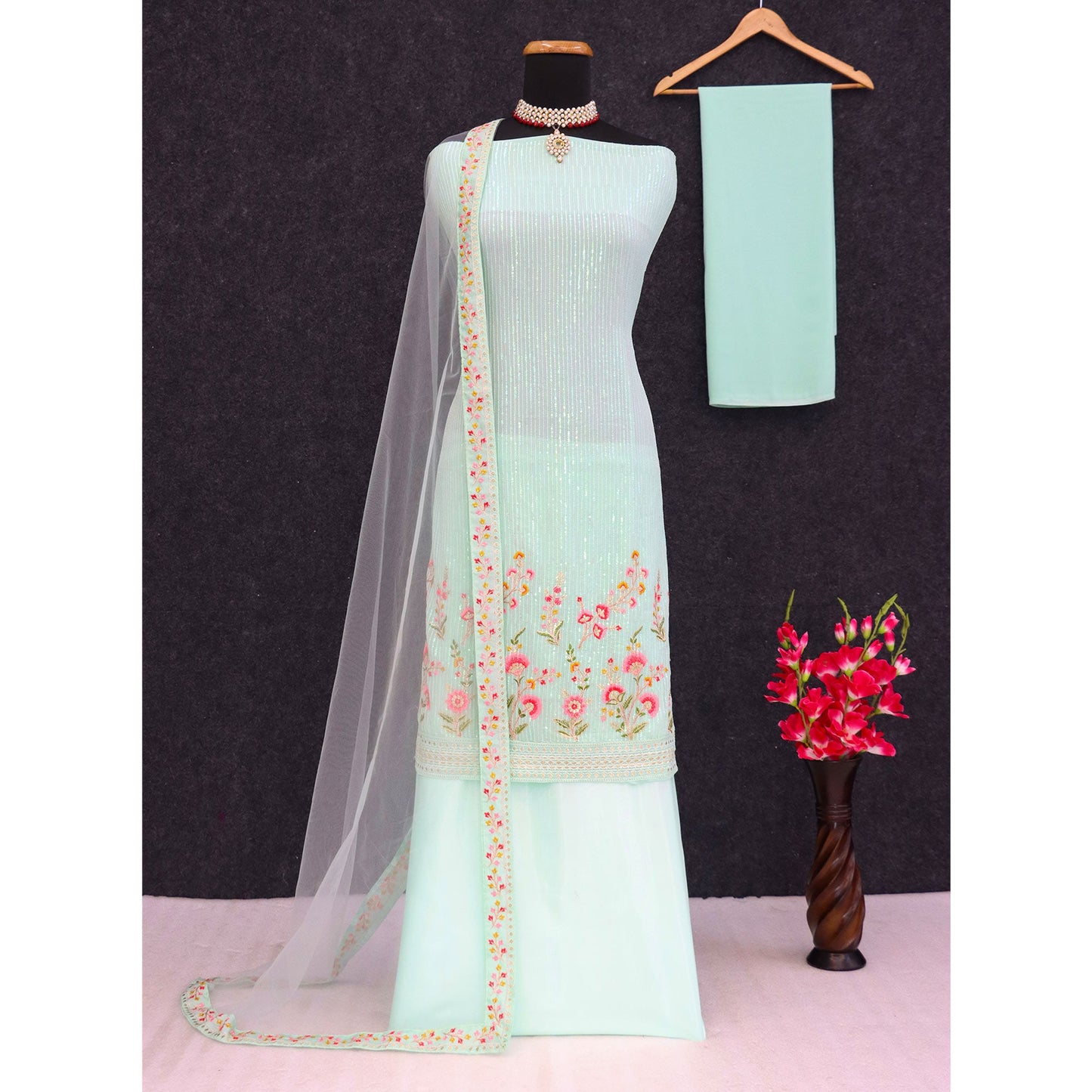 Light Sea Green Floral Sequins Embroidery Georgette Semi Stitched Suit