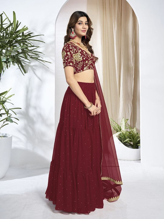 Embroidered Sequinned Semi-Stitched Lehenga & Unstitched Blouse With Dupatta