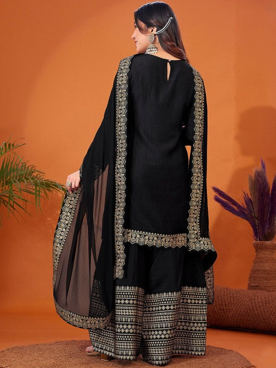 Foil Printed Long Sleeves Regular Kurta With Palazzos & Dupatta
