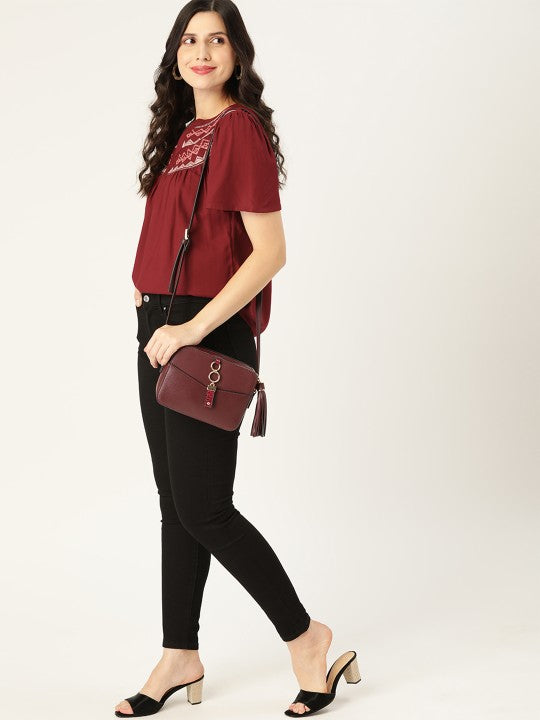 Maroon Solid Regular Top With Embroidered Detail