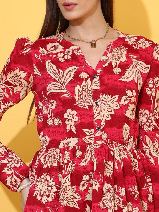 Women Floral Printed Mandarin Collar Peplum Crepe Top