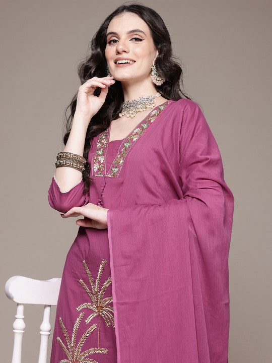 Floral Embroidered Pure Cotton Kurta with Trousers & Dupatta