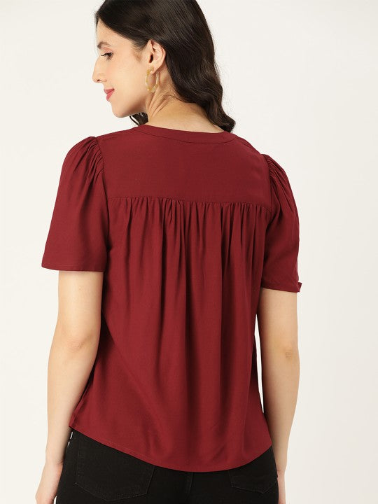 Maroon Solid Regular Top With Embroidered Detail