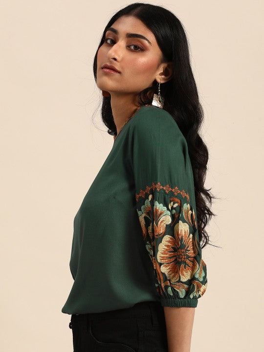 Green Embroidery Detail Top