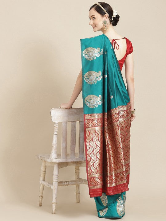 Teal & Red Ethnic Motifs Zari Silk Blend Banarasi Saree