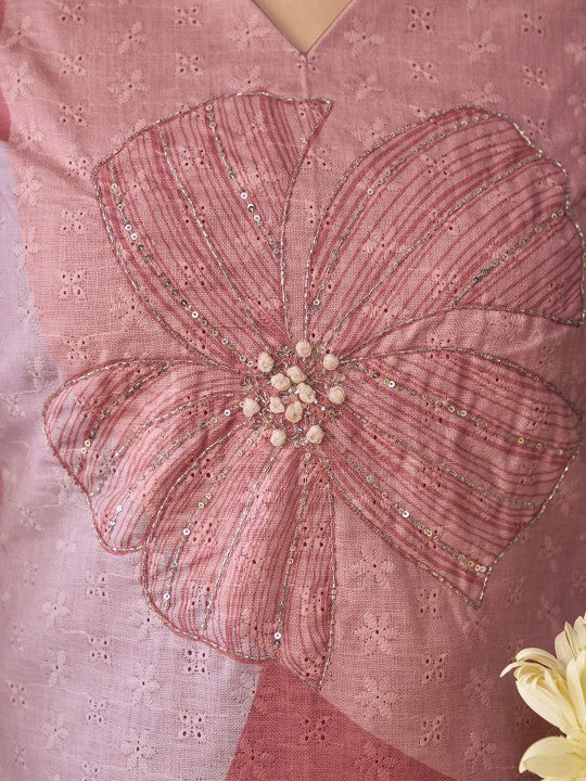 Mauve Ethnic Motifs Embroidered Beads & Stones Linen Kurta with Trousers & Dupatta