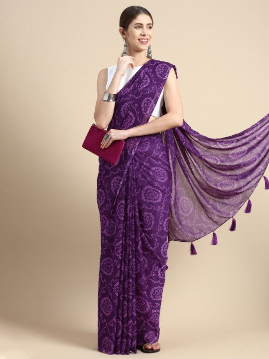 Purple Bandhani Poly Chiffon Bandhani Saree