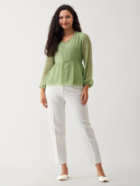 Self Design V-Neck Long Sleeve Gathered Cinched Waist Top