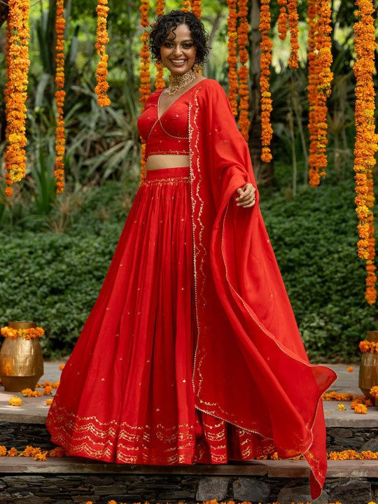 Printed Gotta Patti Pure Cotton Semi-Stitched Lehenga & Unstitched Choli With Dupatta