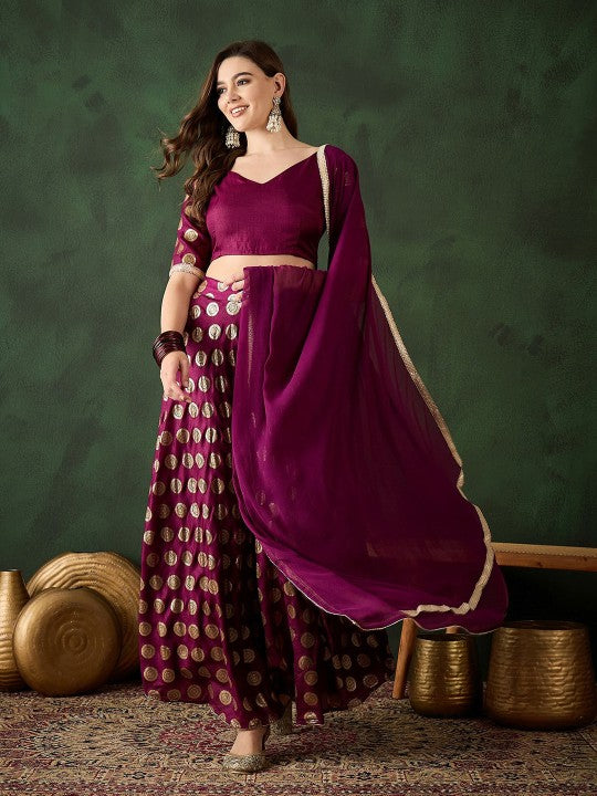 Foil Printed V-Neck Choli & Lehenga With Dupatta