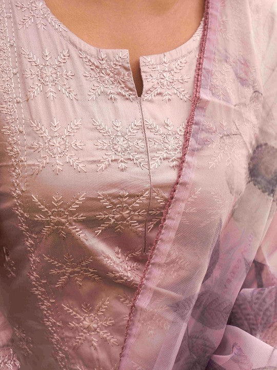 Floral Embroidered Pure Cotton Kurta With Trousers & Dupatta