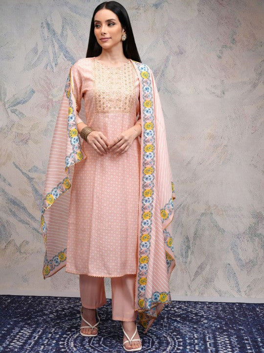 Women Embroidered Regular Sequinned Kurta with Trousers & With Dupatta