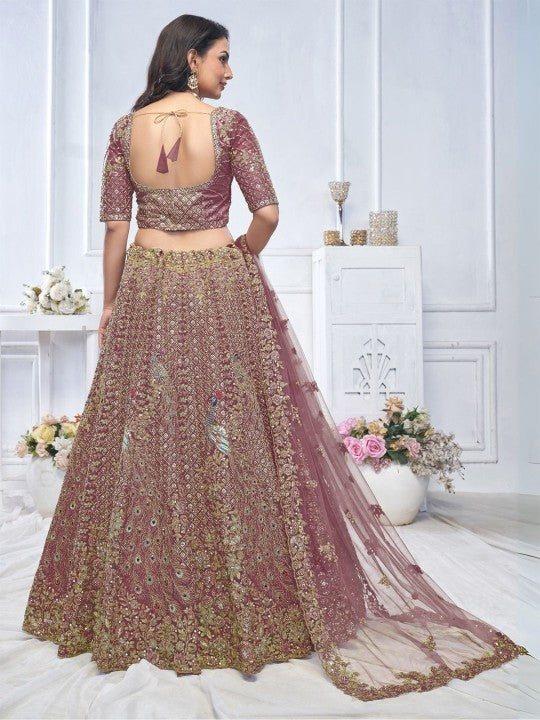 Embroidered Net Sequinned Semi-Stitched Lehenga & Unstitched Blouse With Dupatta
