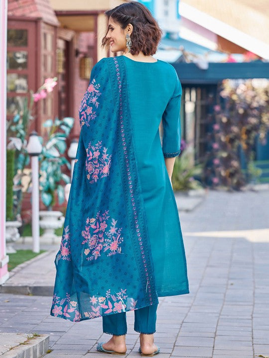 Blue Floral Embroidered Pure Silk Straight Kurta With Trousers & Dupatta