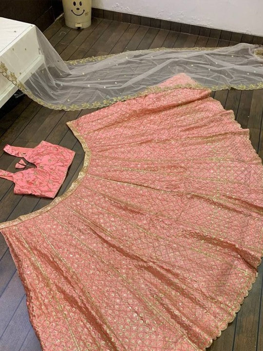 Embroidered Sequinned Semi-Stitched Lehenga & Unstitched Blouse With Dupatta