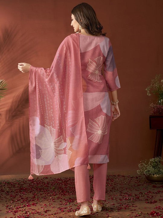 Mauve Ethnic Motifs Embroidered Beads & Stones Linen Kurta with Trousers & Dupatta