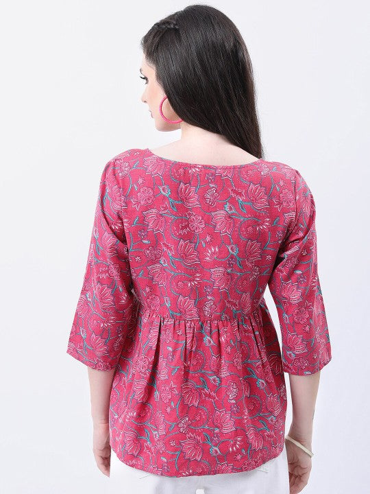 Pink & Green Floral Print A-Line Top