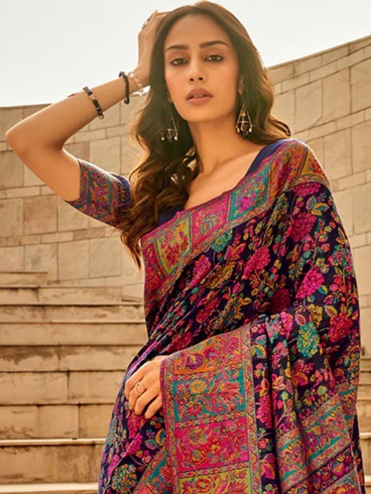 Navy Blue Floral Printed Woven Design Saree