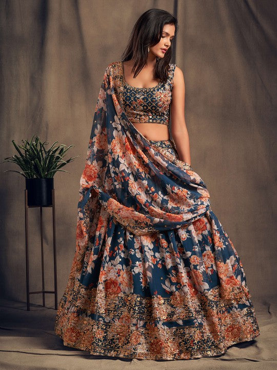 Blue & Peach-Coloured Embroidered Sequinned Shibori Semi-Stitched Lehenga & Unstitched Blouse With