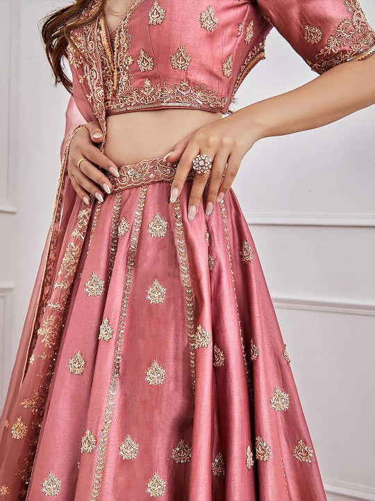 Embroidered Sequinned Semi-Stitched Lehenga & Unstitched Blouse With Dupatta