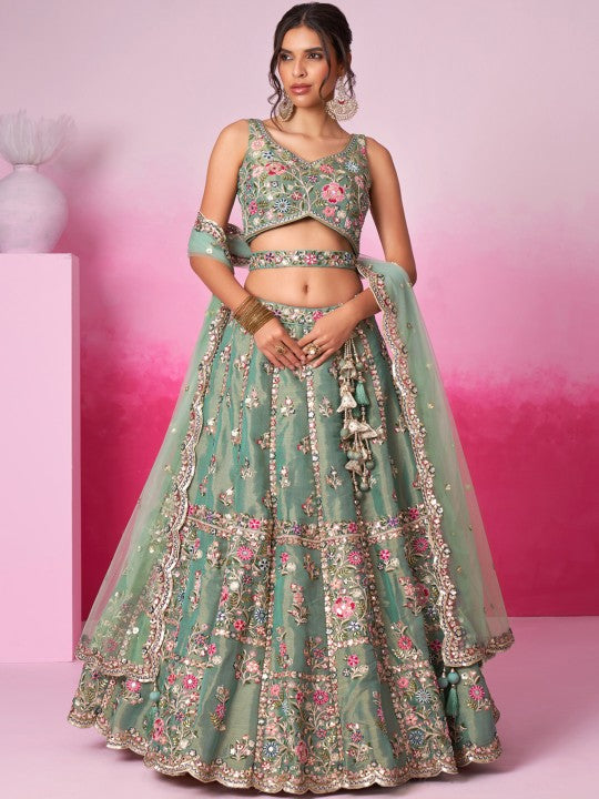 Embroidered Sequinned Semi-Stitched Lehenga & Unstitched Blouse With Dupatta