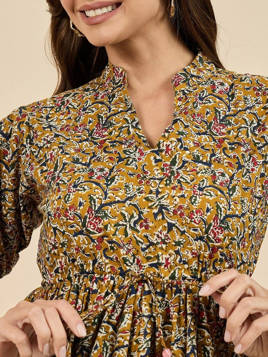 Floral Printed Mandarin Collar Cotton Pleated A-Line Top