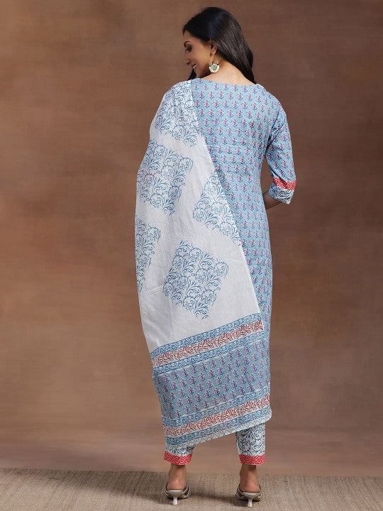 Women Blue Floral Printed Pure Cotton Kurta with Trousers & With Dupatta