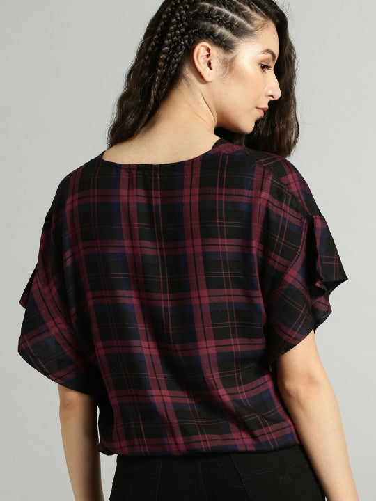 Women Maroon Checked Blouson Top