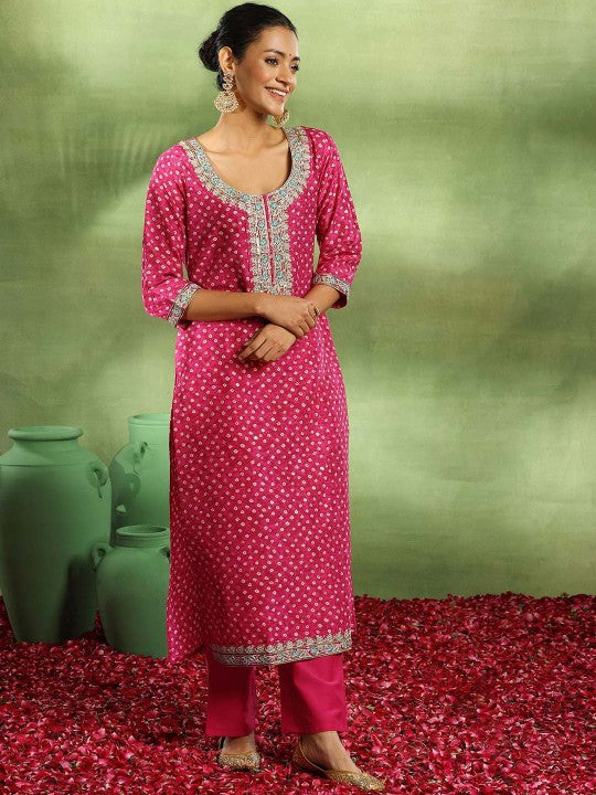 Bandhani Embroidered Sequinned Kurta with Trouser & Dupatta