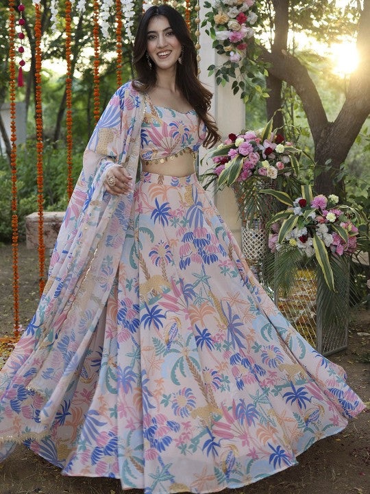Floral Printed Semi-Stitched Lehenga & Unstitched Blouse With Dupatta