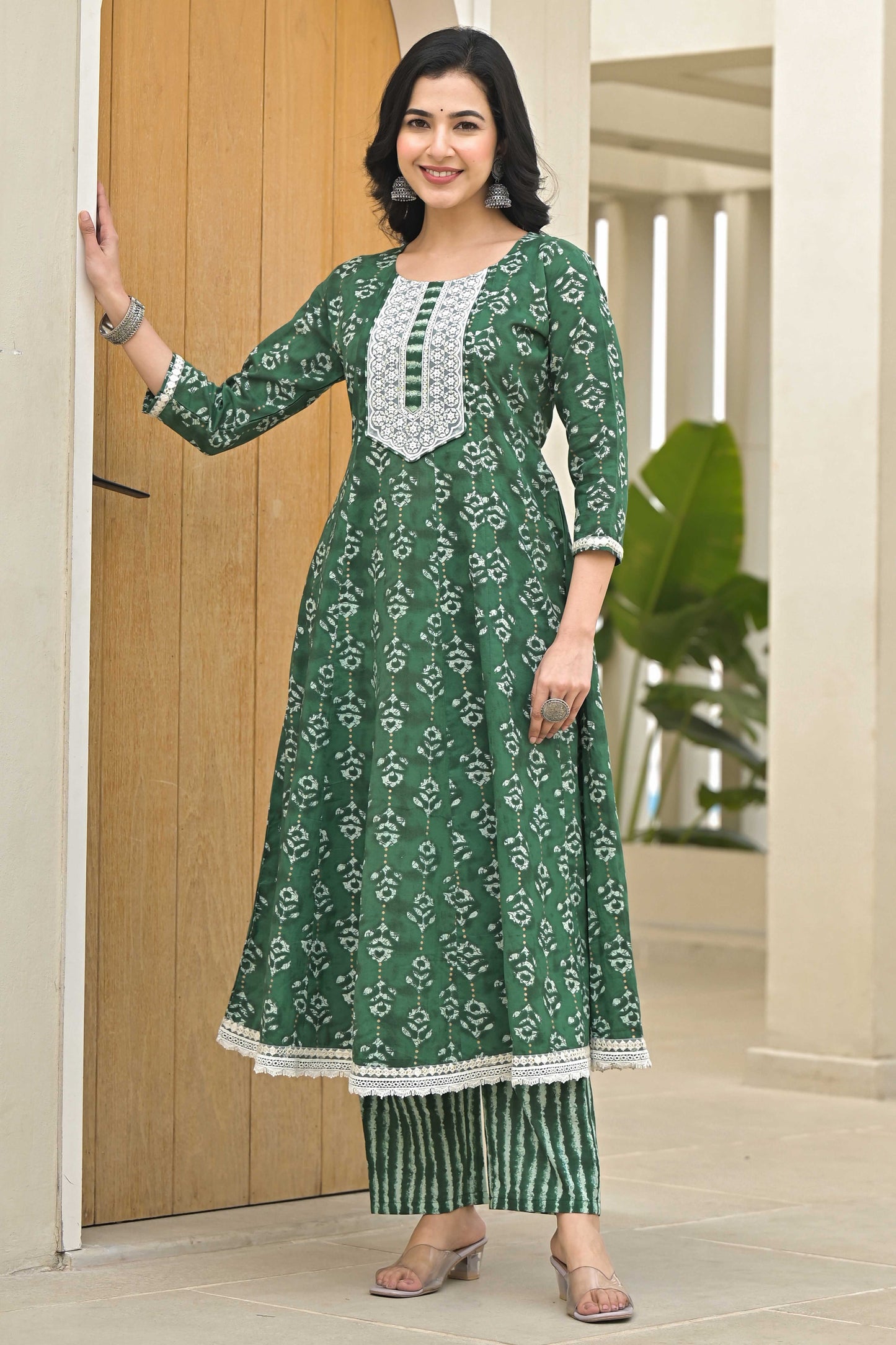 Green Floral Printed Pure Cotton Anarkali Salwar Suit