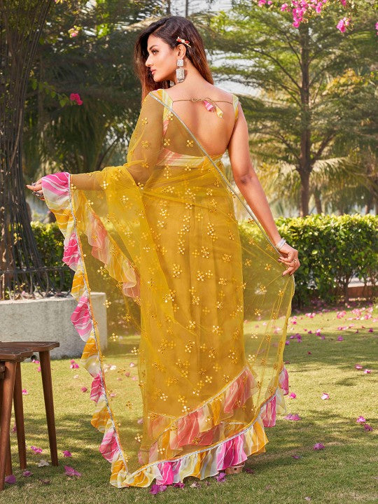 Yellow Embellished Mirror Work Net Ruffle Saree