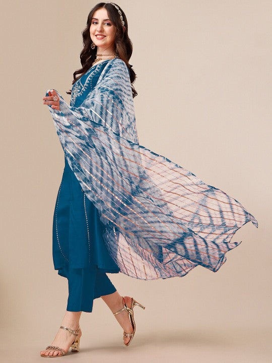 Ethnic Motifs Yoke Design Thread Work Detail A-Line Kurta & Trouser With Dupatta