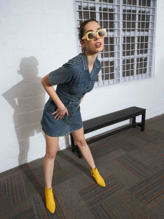 Shirt Collar Denim Mini Shirt Dress