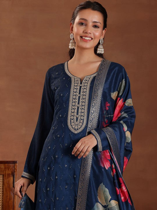 Floral Embroidered Sequinned Straight Kurta With Palazzos & Dupatta