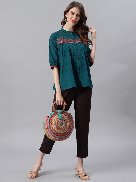 Women Floral Embroidered Mandarin Collar Puff Sleeves Cotton Regular Top