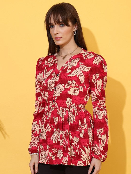 Women Floral Printed Mandarin Collar Peplum Crepe Top