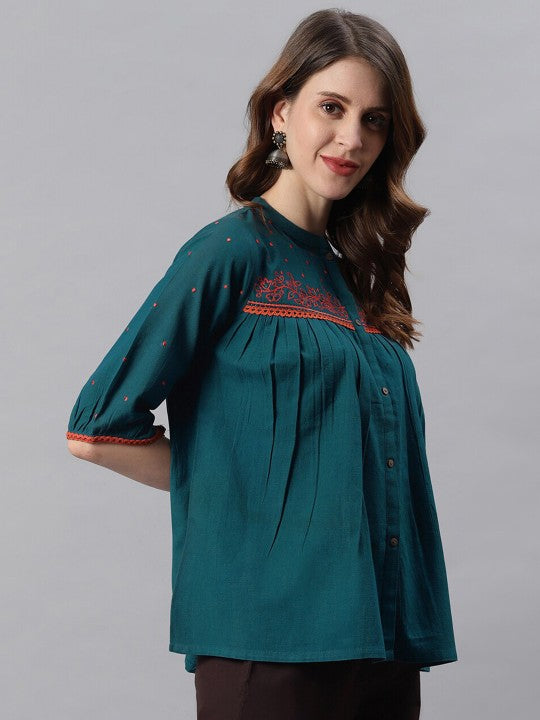 Women Floral Embroidered Mandarin Collar Puff Sleeves Cotton Regular Top