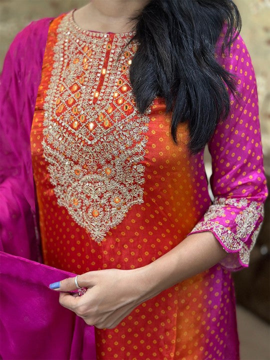 Bandhani Printed Sequinned Embroidery Work Kurta with Trousers & Dupatta