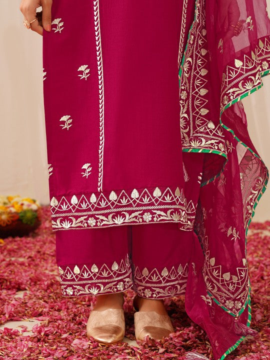 Floral Embroidered Regular Thread Work Kurta with Palazzos & Dupatta
