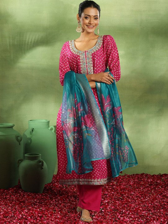 Bandhani Embroidered Sequinned Kurta with Trouser & Dupatta