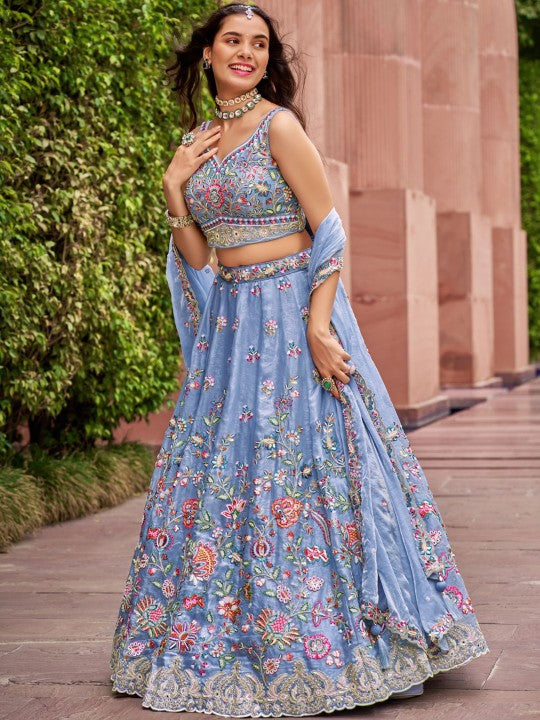Embroidered Sequinned Semi-Stitched Lehenga & Unstitched Blouse With Dupatta