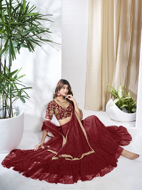 Embroidered Sequinned Semi-Stitched Lehenga & Unstitched Blouse With Dupatta