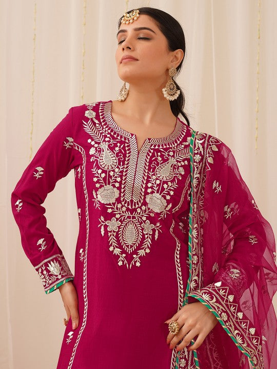 Floral Embroidered Regular Thread Work Kurta with Palazzos & Dupatta