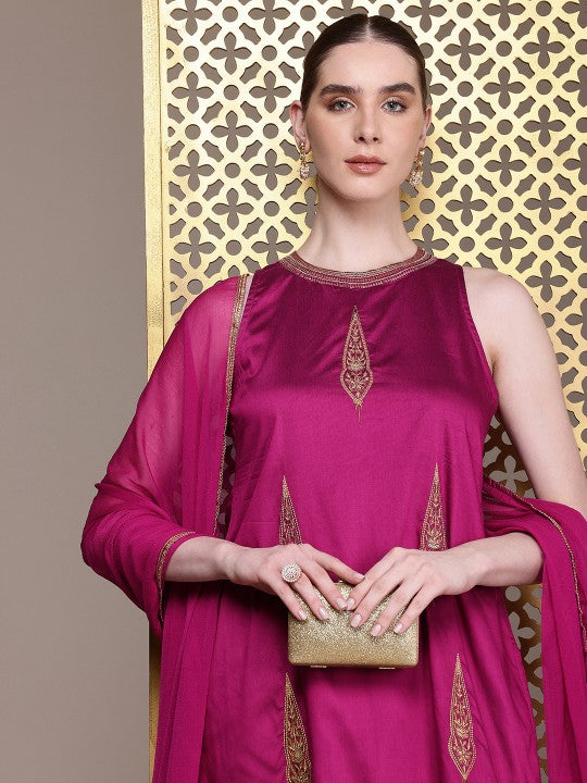 Jashn Ethnic Motifs Embroidered Zari Work Kurta With Palazzos & Dupatta