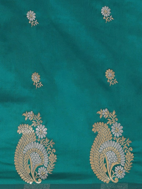 Teal & Red Ethnic Motifs Zari Silk Blend Banarasi Saree