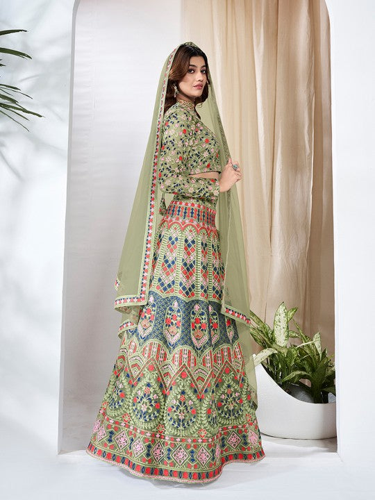Thread Work Semi-Stitched Lehenga & Unstitched Blouse With Dupatta For Women