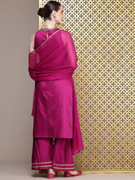 Jashn Ethnic Motifs Embroidered Zari Work Kurta With Palazzos & Dupatta